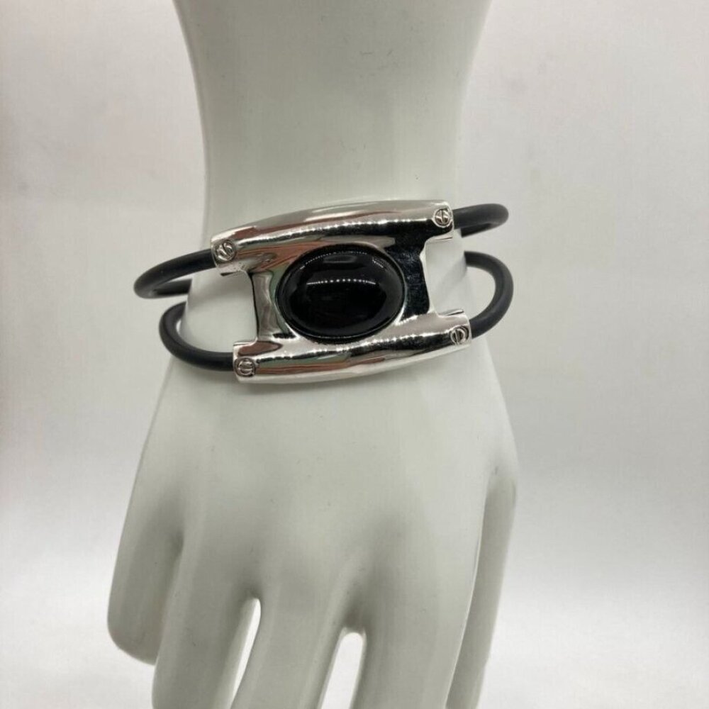 Double Black Rubber Band 7" Bracelet‎ Silver Tone Oval Glass Stone